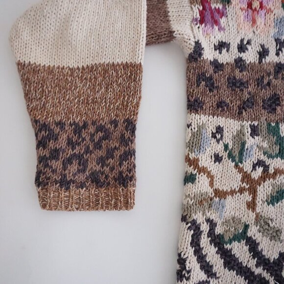 Vintage Tiara Cream Brown Knit Floral Knit Cotton Blend Crewneck Sweater XL - Picture 10 of 13